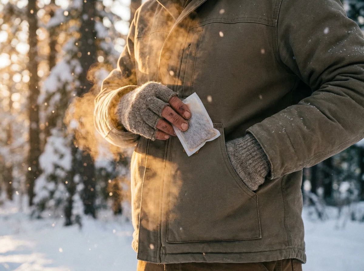 Using disposable hand warmers in cold winter outdoors
