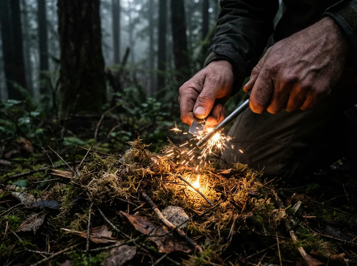 Striking ferro rod over tinder in dark forest