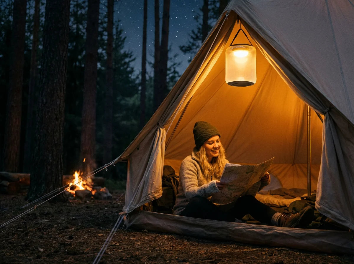 Solar lantern hanging inside tent at night in forest