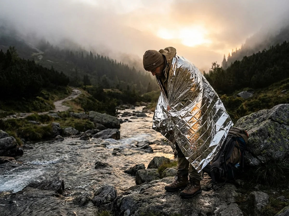 Hiker wrapped in Mylar emergency blanket in the mountains