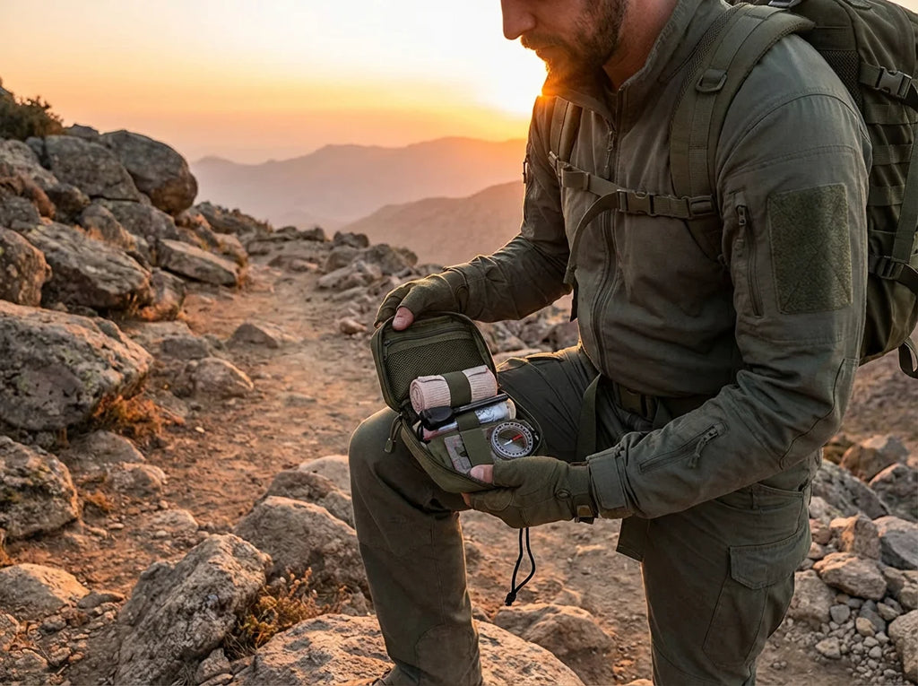 Hiker using survival kit on mountain trail