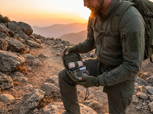 Hiker using survival kit on mountain trail