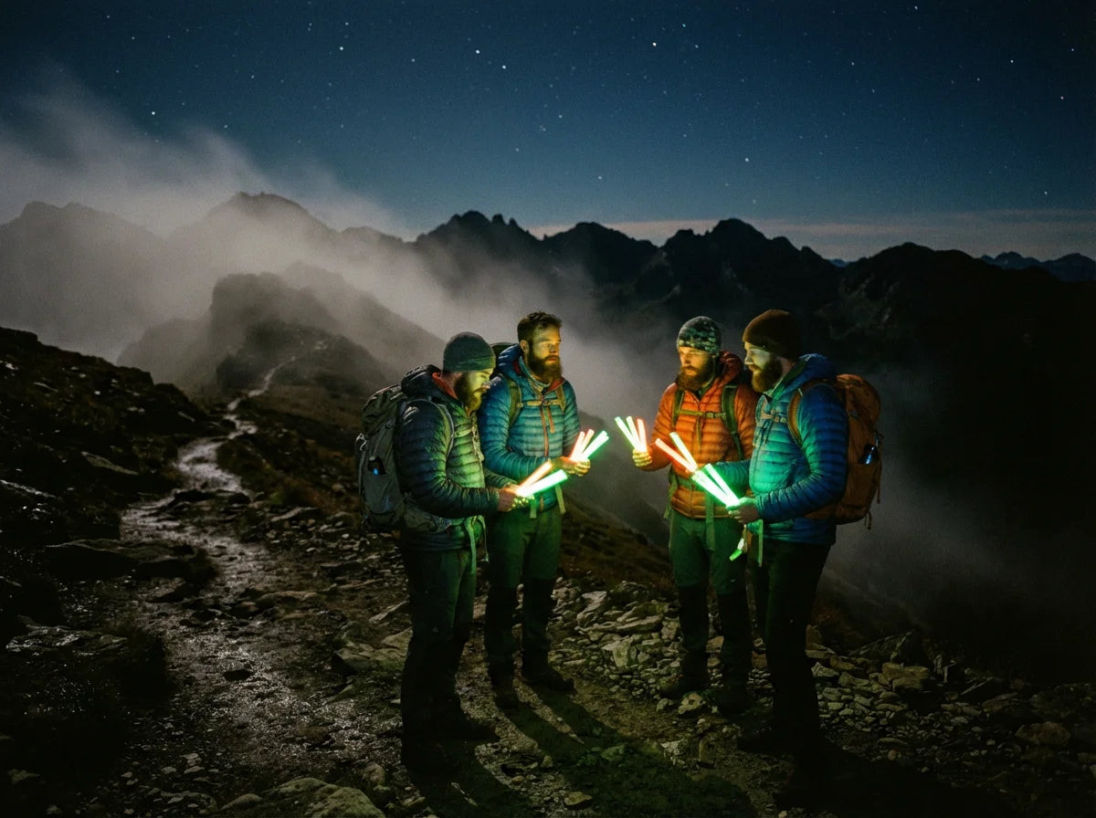 Hikers using glow sticks on dark mountain trail