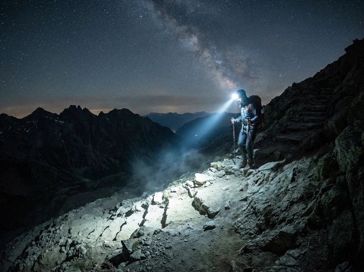 Hiker using headlamp on dark rocky mountain trail at night