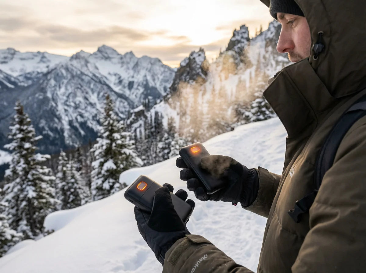 Hiker using rechargeable hand warmers in winter mountains