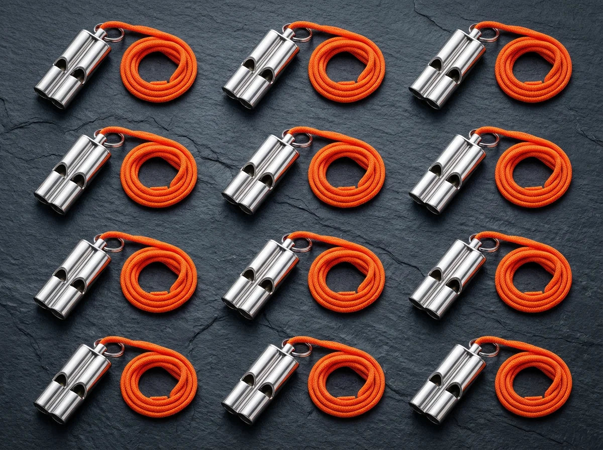 Emergency Survival Whistles 12-Pack — 150dB Stainless Steel with Lanyard