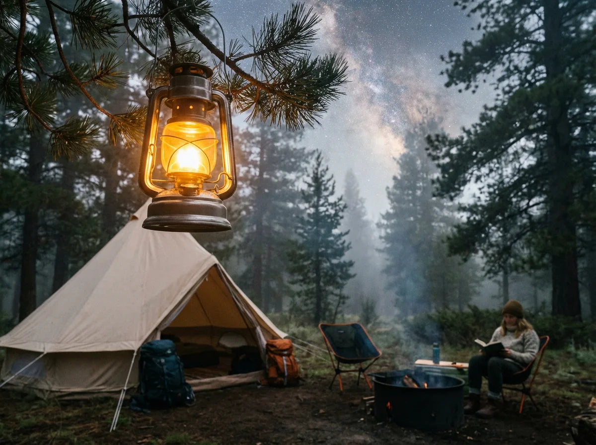 Bright camping lantern hanging in forest campsite at night