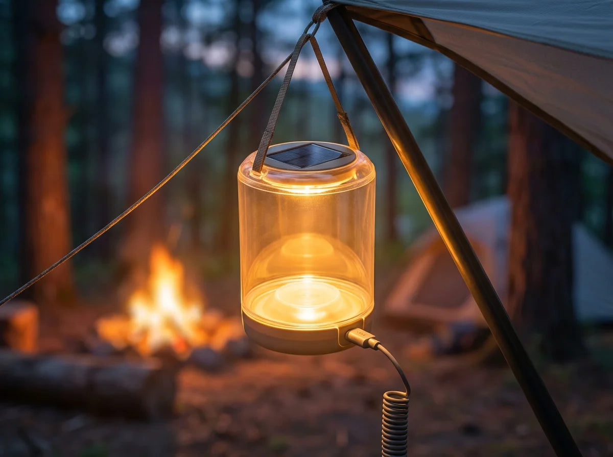 Inflatable solar camping lantern glowing at campsite