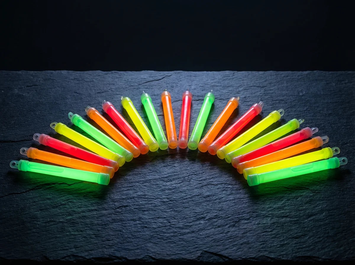 20-pack colorful emergency glow sticks glowing in darkness
